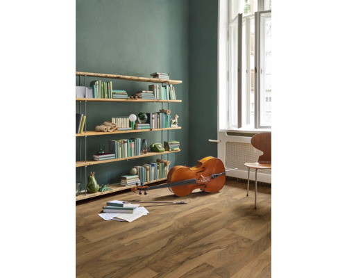 Wohnzimmer mit Bücherregal, Cello und Holzboden