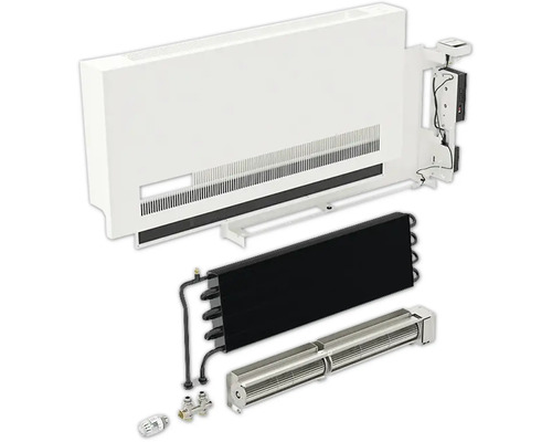 Explosionszeichnung eines Heizkörperkonvektors mit Heizkörperverkleidung, Heizkörperregister, Gebläsekonvektor, Thermostatventil und Anschlussverschraubung