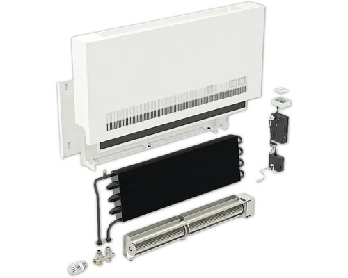 Explosionsdarstellung eines Heizkörpers mit Gebläsekonvektor und Zubehör