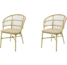 Zwei Rattan-Gartenstühle mit Armlehnen und gewebter Sitzfläche