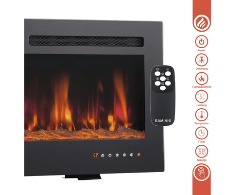 Elektrischer Kamin mit Kamino Logo und Fernbedienung