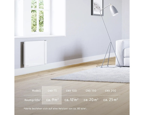 Wohnzimmer mit Elektroheizung an der Wand, Stehlampe und Teppich