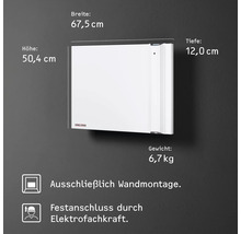 Elektrischer Wandkonvektor mit den Maßen 67,5 cm Breite, 50,4 cm Höhe und 12 cm Tiefe, Gewicht 6,7 kg. Hinweis: Nur für Wandmontage und Festanschluss durch Elektrofachkraft