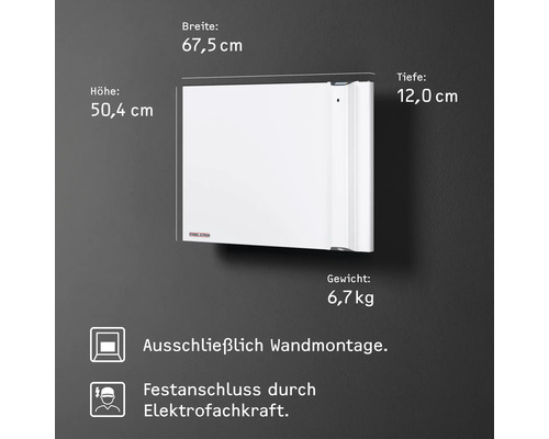 Elektrischer Wandkonvektor mit den Maßen 67,5 cm Breite, 50,4 cm Höhe und 12 cm Tiefe, Gewicht 6,7 kg. Hinweis: Nur für Wandmontage und Festanschluss durch Elektrofachkraft