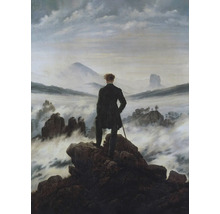 Gemälde eines Mannes auf einem Felsen mit Blick auf eine neblige Landschaft