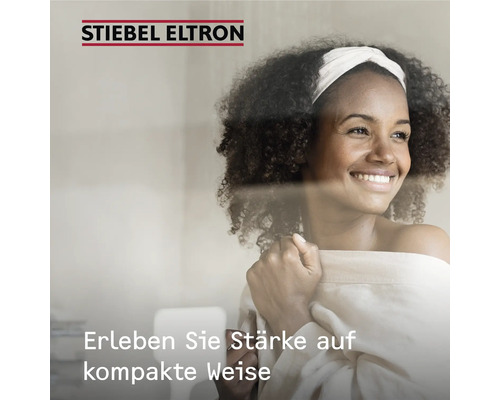 Frau mit Stirnband und Handtuch, Stiebel Eltron Logo