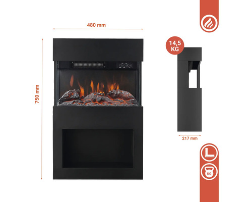 Abmessungen eines Elektrokamins mit Heizfunktion