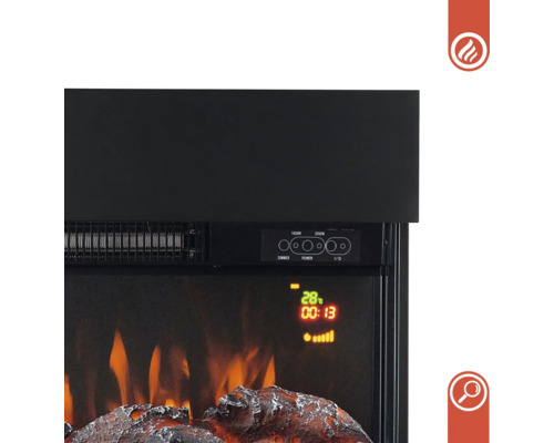 Nahaufnahme eines elektrischen Kamins mit digitaler Anzeige und Bedienfeld