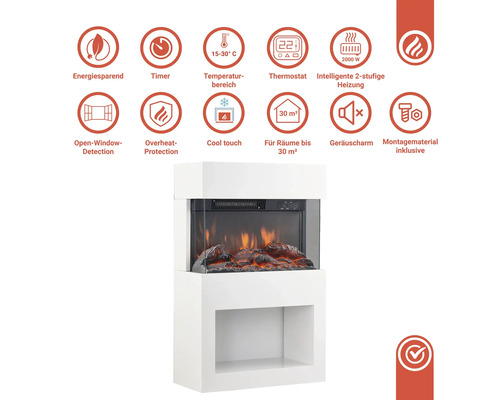 Elektrischer Kamin mit Energiesparfunktion, Timer, Temperatureinstellung, Thermostat, zweistufiger Heizung, Fenstererkennung, Überhitzungsschutz, Kühlfunktion, geeignet für Räume bis 30 Quadratmeter, geräuscharm und inklusive Montagematerial.