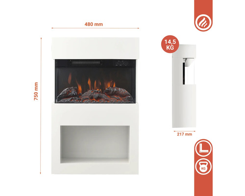 Weißer Elektrokamin mit den Maßen 750 mm Höhe und 480 mm Breite