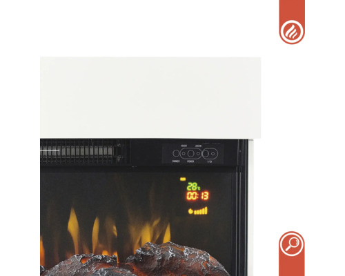 Nahaufnahme eines Elektrokamins mit digitaler Anzeige und Bedienelementen