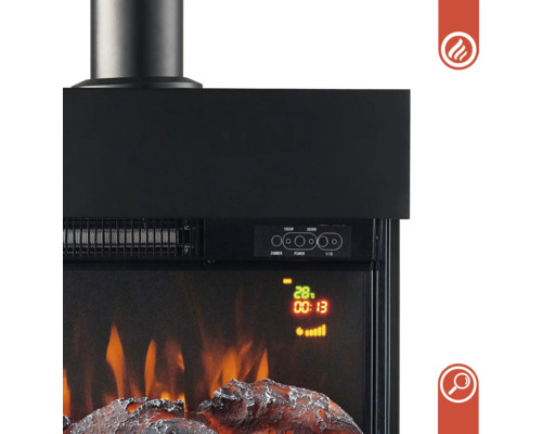 Nahaufnahme eines elektrischen Kamins mit Bedienelementen und digitaler Anzeige