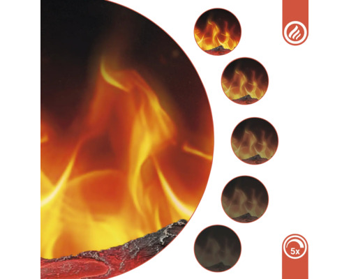 Elektrischer Kamin mit verschiedenen Flammeneffekten und Flammenstufen-Symbol