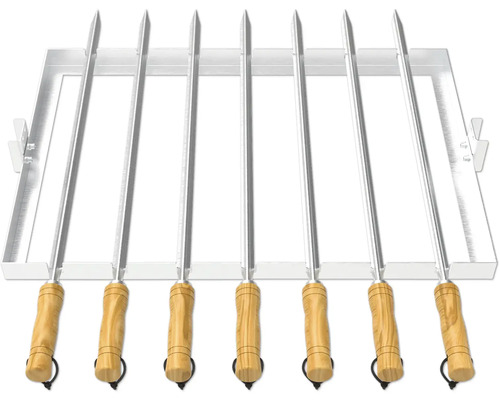 Sieben Grillspieße mit Holzgriff und Grillgestell