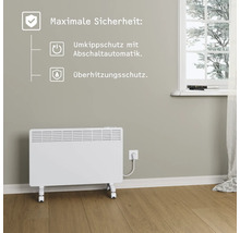 Weißer Elektroheizkörper mit Sicherheitsmerkmalen wie Kippschutz und Überhitzungsschutz.