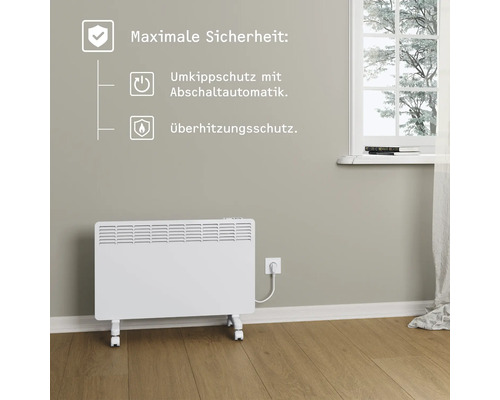 Weißer Elektroheizkörper mit Sicherheitsmerkmalen wie Kippschutz und Überhitzungsschutz.