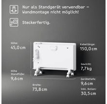 Freistehender Heizkörper mit den Massen 45,0 cm Höhe, 73,8 cm Breite und 9,6 cm Tiefe, Kabellänge 150,0 cm und Gewicht 7,7 kg.