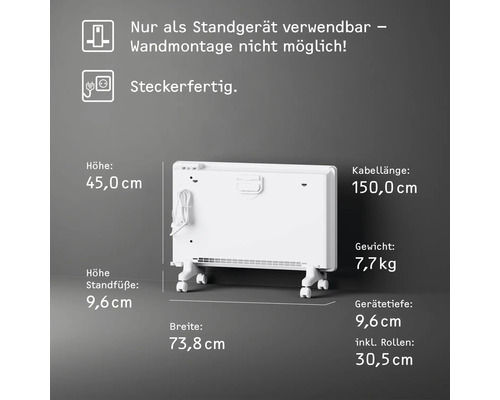 Freistehender Heizkörper mit den Massen 45,0 cm Höhe, 73,8 cm Breite und 9,6 cm Tiefe, Kabellänge 150,0 cm und Gewicht 7,7 kg.
