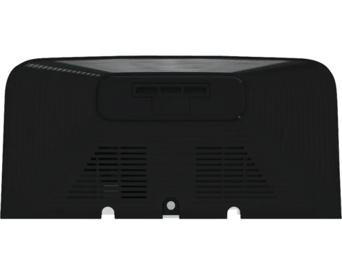 Rückansicht eines schwarzen Geräts mit Lüftungsschlitzen