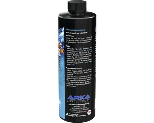 Flasche Aquarienzusatz von Arka Biotechnologie mit Anwendungshinweisen