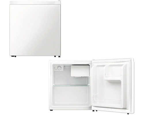 Kühlbox PKM KS45 E BxHxT 44,5 x 50 x 46,8 cm Kühlteil 45 l Weißer Minikühlschrank, eine Tür geschlossen und eine Tür offen, Innenraum sichtbar