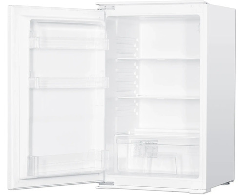 Geöffneter, weißer Kühlschrank mit Regalböden