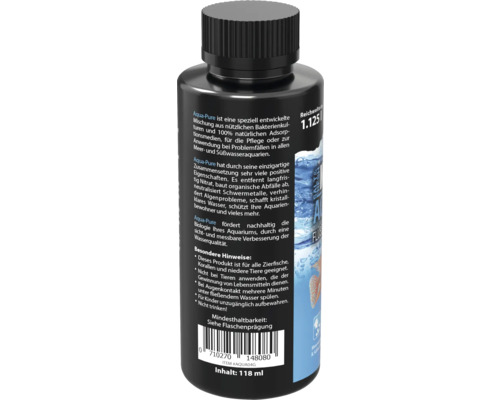 Aqua-Pure Flüssigkeit zur Pflege von Meer- und Süßwasseraquarien in einer 118-Milliliter-Flasche