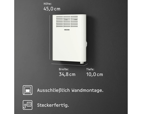 Elektrischer Wandkonvektor mit den Maßen 45,0 cm Höhe, 34,8 cm Breite und 10,0 cm Tiefe
