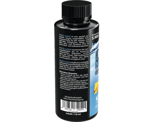 Flasche mit NO3PO4 Control Lösung zur Reduzierung von Nitrat und Phosphat im Aquarium, 118 ml