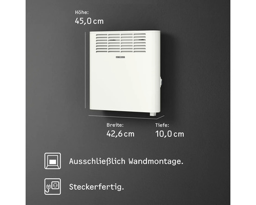 Abmessungen des Heizlüfters: 45,0 cm Höhe, 42,6 cm Breite, 10,0 cm Tiefe. Ausschließlich Wandmontage. Steckerfertig.