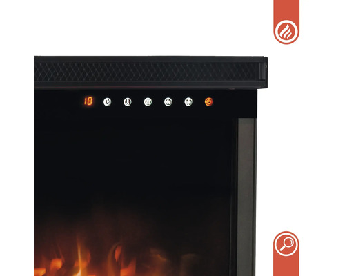 Nahaufnahme eines elektrischen Kamins mit Bedienelementen und digitaler Temperaturanzeige