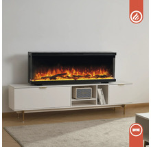 Elektrischer Kamin auf einem weißen Lowboard mit Schubladen und Fächern