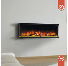 Wandmontierter Elektrokamin mit Flammeneffekt und Holzscheitdekoration.