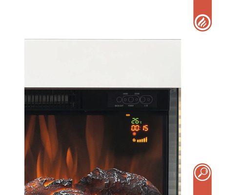 Detailansicht eines elektrischen Kamins mit Anzeige für Temperatur und Leistung