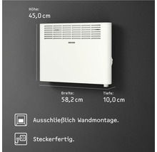 Abmessungen eines weißen Wandkonvektors: Höhe 45,0 cm, Breite 58,2 cm, Tiefe 10,0 cm