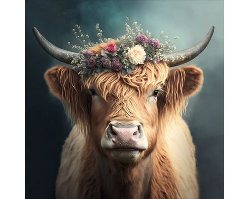 Glasbild Flower Highland Cattle 30x30 cm