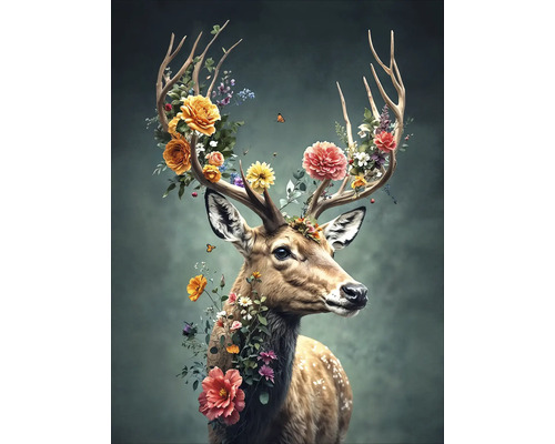 Glasbild Deer With Flowers III 60x80 cm