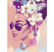 Gemälde einer Frau mit Sonnenbrille und Blumen im Haar