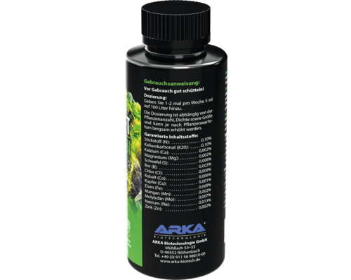 Flasche mit Flüssigdünger für Aquarienpflanzen mit Dosierungsanleitung und Inhaltsstoffangabe