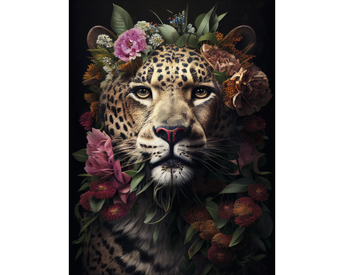 Glasbild Jaguar With Flowers 60x80 cm