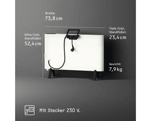 Weißer Heizkörper mit schwarzen Füßen und den Maßen Breite 73,8 cm, Höhe 52,4 cm, Tiefe 23,4 cm und einem Gewicht von 7,9 kg. Inklusive Stecker 230 V.