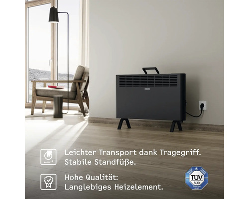 Schwarzer Konvektor Heizkörper mit Tragegriff und TÜV Süd Siegel