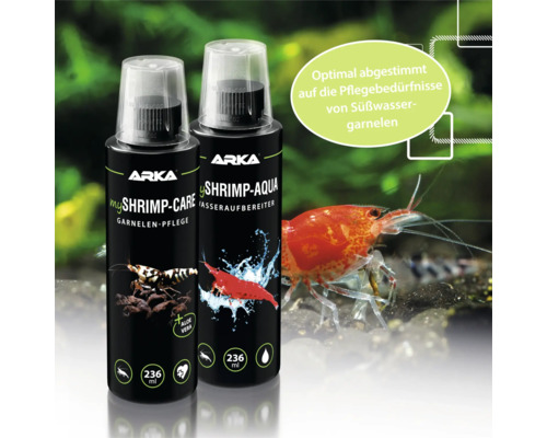 Zwei Flaschen Arka Shrimp-Care und Shrimp-Aqua mit Garnelen davor