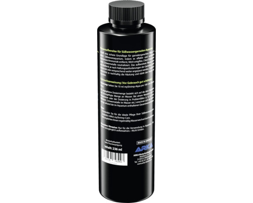 Wasseraufbereiter für Süßwassergarnelen-Aquarien in einer schwarzen Flasche mit schwarzem Deckel