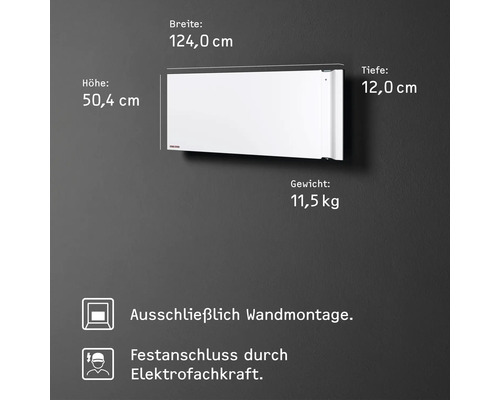 Elektrischer Heizkörper zur Wandmontage mit den Maßen 124,0 cm Breite, 50,4 cm Höhe, 12,0 cm Tiefe und einem Gewicht von 11,5 kg. Festanschluss durch Elektrofachkraft.