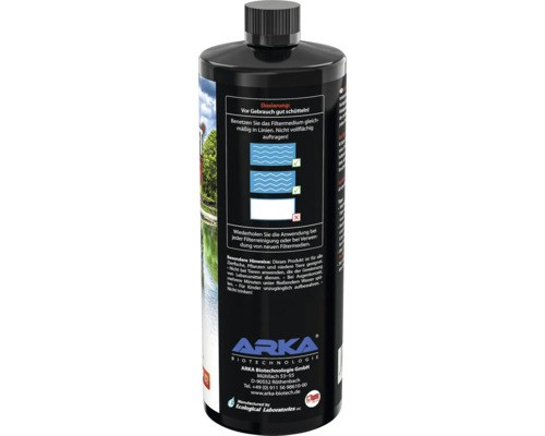 Arka Biotechnologie Filterbakterien-Lösung in einer schwarzen Flasche mit Dosierungsanleitung