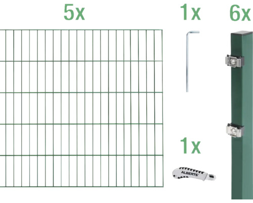 Doppelstabmatten-Set ALBERTS Typ 6/5/6 1000 x 100 cm grün Komplettes Set für Doppelstabmattenzaun: fünf Gittermatten, sechs Pfosten, ein Inbusschlüssel und ein Messer