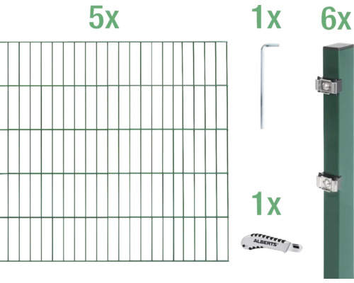 Doppelstabmatten-Set ALBERTS Typ 6/5/6 1000 x 120 cm grün Komplettset für Doppelstabmattenzaun mit Zaunelementen, Pfosten, Haltern, Inbusschlüssel und Montagehilfe