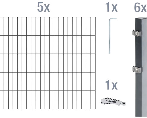 Doppelstabmatten-Set ALBERTS Typ 6/5/6 1000 x 100 cm anthrazit Komponenten für ein Zaunsystem: fünf Gittermatten, ein Inbusschlüssel, ein Messer und sechs Pfosten.