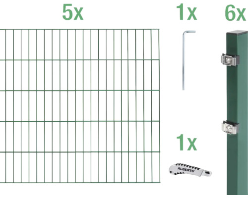 Doppelstabmatten-Set ALBERTS Typ 6/5/6 1000 x 80 cm grün Zaunbausatz mit Zaunelementen, Pfosten, Schraubenschlüssel und Messer